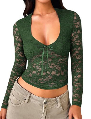 Matunana Womens Long Sleeve Going Out Tops Lace V Neck Mesh Crop Shirts Sexy Cute Y2K Fall Trendy Outfits 2025