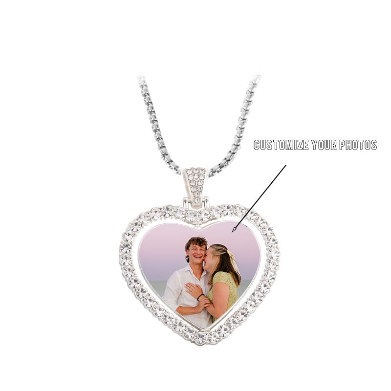 Personalized Heart Photo Necklace for Women - Custom Picture Pendant with Rhinestones, Memorial Gift for Wife Girlfriend Mom, Anniversary Birthday Jewelry Keepsake (Style 1)