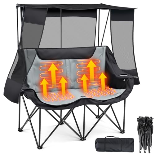 Heated Double Camping Chair with Canopy for Adult, Oversized 660lbs Folding Chair with Padded, 4 Heating Zones and 3 Heat ...