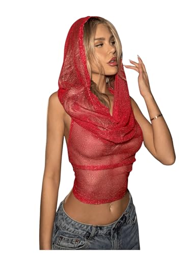 Floerns Rave Outfits for Women Sexy Backless Hoodie Draped Halter Tank Top Going Out Concert Festival Party Streetwear