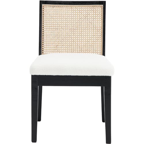 DAYALANE Rattan Dining Chairs Set of 4, Farmhouse Boucle Kitchen Chairs with Cane Back, Upholstered Sherpa Dining Room Chairs Comfy Side Wood Chair for Living Room/Restaurant, Black Sherpa