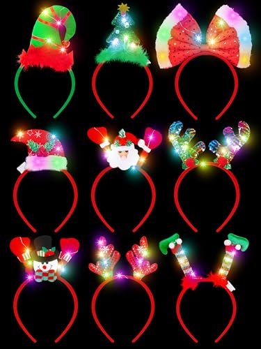 LED Christmas Headband, Reindeer Antler Leprechaun Hat Bow Hair Hoop for Xmas Holiday Party Favors Decorations Adults