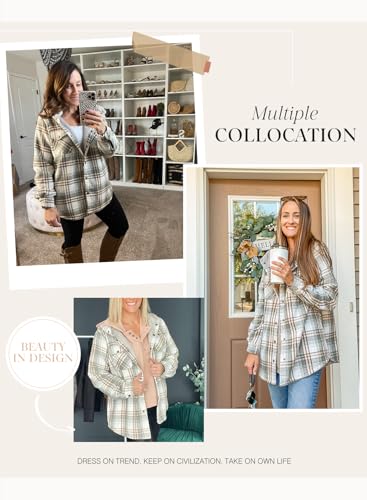 Dokotoo Womens Plaid Shacket Jacket Long Sleeve Button Down Fleece Hooded Jackets Warm Coat