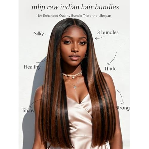 mlip Raw Indian Hair Bundle Straight, Enhanced Quality Bundle, 18A Virgin Hair 14 inches, No Tangle Shedding, Triple the Lifespan, Keep Texture Silky Soft After Multiple Washes, Highlight Color