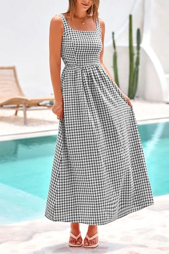 PRETTYGARDEN Women's 2026 Summer Spaghetti Strap Maxi Dresses Plaid Square Neck A Line Casual Beach Vacation Long Sundress