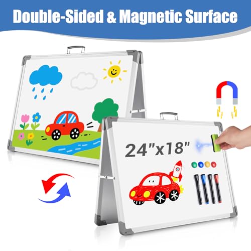 White Board Dry Erase 24" x 18", Magnetic Portable Foldable Whiteboard Double Sided Desktop Dry Erase Board Easel on Table...