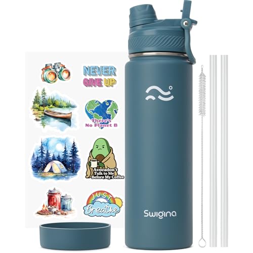 Swigina [2-IN-1 LID] Insulated Water Bottle with Silicone Boot (36hrs Cold/18hrs Hot) - DIY Stickers, Leakproof, BPA Free,...