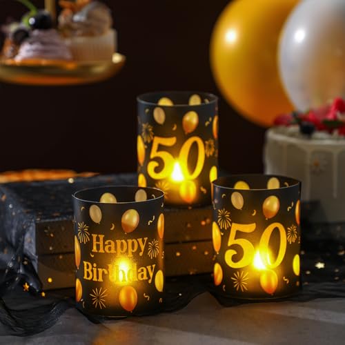 Kittmip 10 Sets 50th Happy Birthday Centerpieces for Table Black and Gold Birthday Decorations Lantern Boxes with Tea Ligh...
