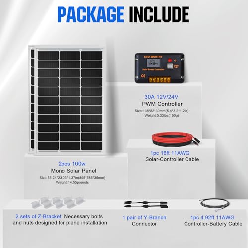 ECO-WORTHY 200 Watts 12 Volt/24 Volt Solar Panel Kit with High Efficiency Monocrystalline Solar Panel and 30A PWM Charge C...