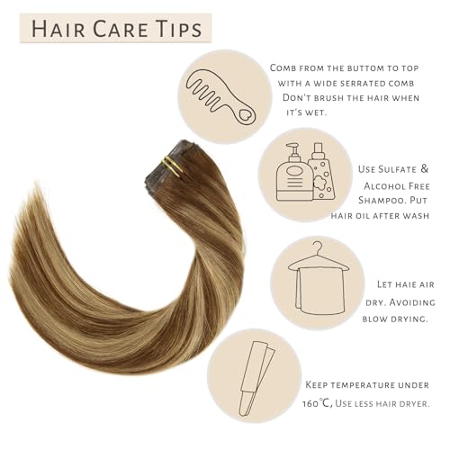 Caliee Seamless Clip in Hair Extensions Human Hair 14 Inch 115G Full Head Double Weft R4-4/27 Chocolate Brown to Caramel Blonde with Brown Roots 8Pcs Balayage Human Hair Clip in Extensions