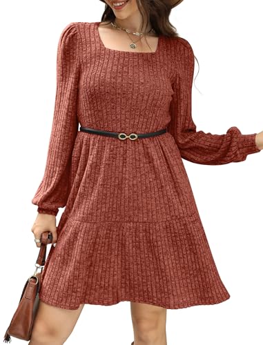 Sampeel Womens Square Neck Long Sleeve Fall Dresses Casual Babydoll Sweater Dress