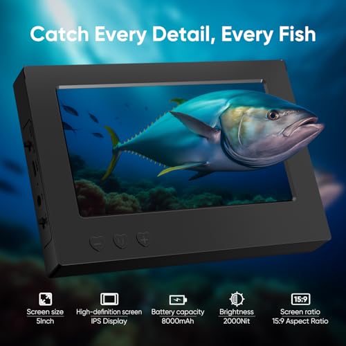 Underwater Fishing Camera 5 Inch, 1000TVL IPS Monitor Fish Finder, Wide Angle IP68 Waterproof, Infrared Night Vision with ...