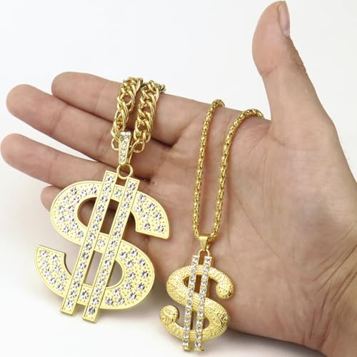 Riuziyi 6 Pack Fake Gold Dollar Sign Chain Necklace Ring for 80s 90s Hip Hop Costumes Outfit, Rapper Jewelry for Men Women