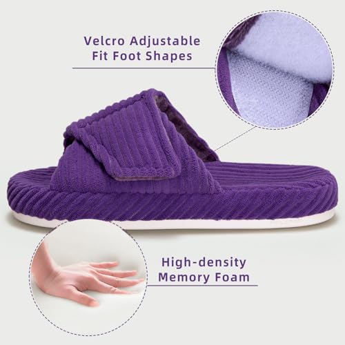 Women's House Slippers Cozy Adjustable Open Toe Memory Foam Corduroy Non-slip Bedroom Shoes for Indoor Outdoor