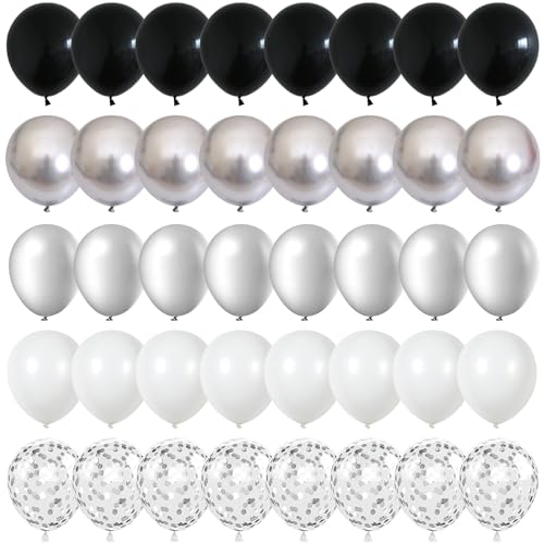 Black and Silver Balloons, 60 Packs 12 Inch Chrome Metallic Silver Balloons and Confetti Balloons, Black White Silver Ball...