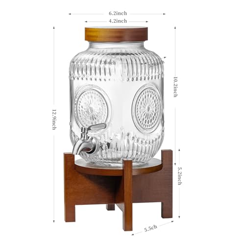 1 Gallon Glass Drink Dispenser with Acacia Wood Stand and Lid,Clear Embossed Beverage Dispenser with Stainless Steel Spigo...
