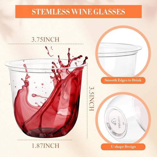 KesaPlan 100 Pcs Disposable Stemless Glasses 12oz Crystal Plastic Wine Glasses Clear Classic Cup for Meeting Weddings Birt...
