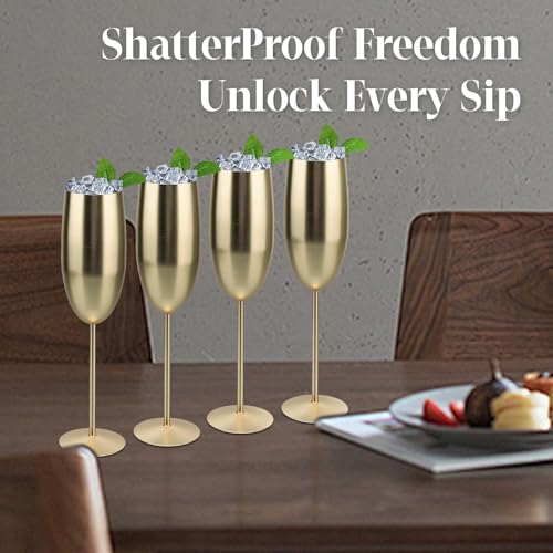 MeowvCraft Champagne Glasses Stainless Steel Set of 4, 8.5oz Champagne Flutes-Elegant Wedding Unbreakable Wine Cups Gifts ...