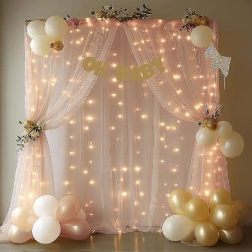 EMHOLDBU Champagne Tulle Backdrop Curtain with Lights String10x8ft Sheer Drapes for Wedding, Birthday, Baby Shower, Bridal...