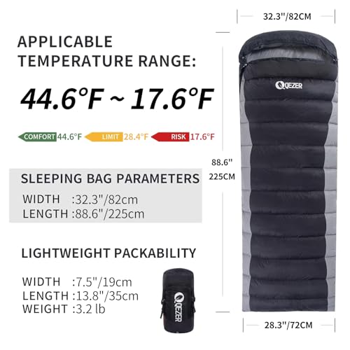 QEZER Ultralight Down Sleeping Bag for Adults - 600 Fill Power, Cold Weather, Backpacking, Camping, Hiking