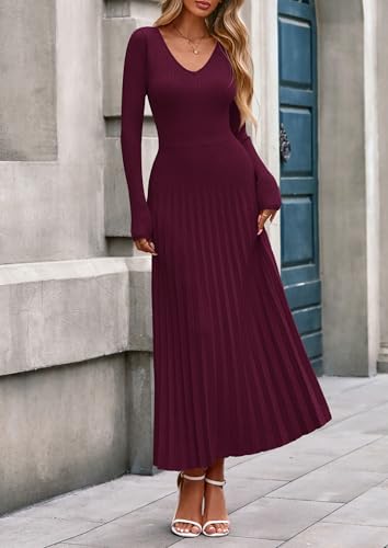 PRETTYGARDEN Women Sweater Dress Fall Fashion 2026 Long Sleeve V Neck Ribbed Knit Pleated A Line Elegant Maxi Winter Dresses