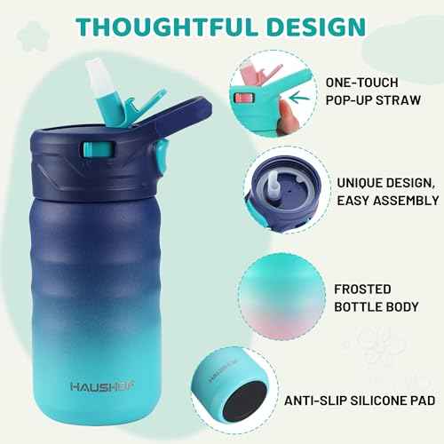 HAUSHOF Kids Water Bottle 2-Pack (12 oz) BPA-free with Straw and Stickers, Stainless Steel Vacuum Double Wall Insulated cup with Leak Proof for school, Gifts, Boys and Girls(Blue/Pink)