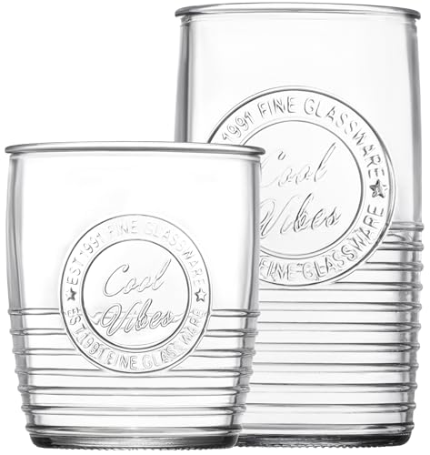 Le'raze Set of 8 Original Mason Drinking Glasses 4-18oz. Highball Tumbler Glasses, and 4-13oz. Whiskey Glass Cups for Ever...