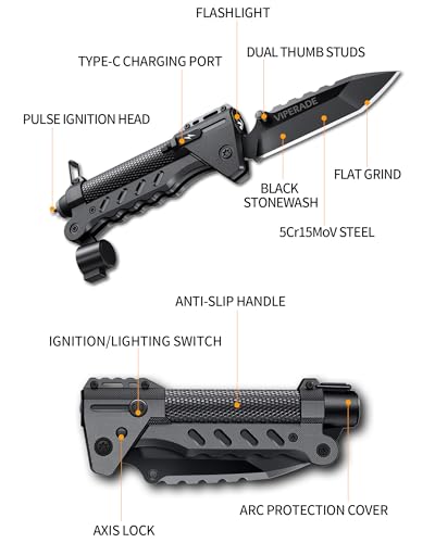 VIPERADE VAK6-S Survival Multitool with Folding Knife, LED Flashlight and Pulse Ignition, EDC Pocket Knife for men, Rechar...