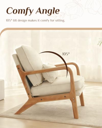Karl home Accent Chair Mid-Century Modern Chair with Pillow Linen Fabric Upholstered Lounge Arm Chair with Solid Wood Fram...