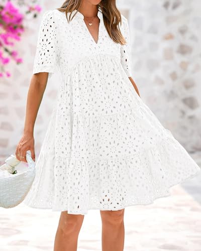 BTFBM Womens Boho Summer Dresses 2026 Spring V Neck Short Sleeve Hollow Out Lace Ruffle Casual Beach Mini Vacation Dress
