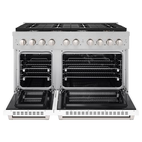 ZLINE 48 in. 6.7 cu. ft. Paramount Double Oven Dual Fuel Range with 8 Burner Gas Cooktop in Satin Stainless Steel with Whi...