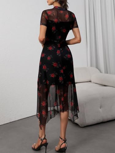 GothDark Women's Wedding Guest Floral Print Vintage Goth Dress Mesh Spliced Double-Layered Irregular Hemline Midi Dresses