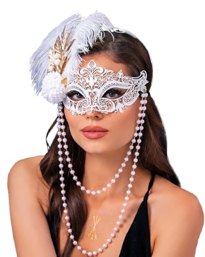 Campsis White Masquerade Mask, Feather Masquerade Ball Mask, Venetian Party Masks for Women
