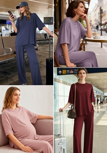 AmazingStar Womens Lounge Set 2026 Summer 2 Piece Outfits Oversized Short Sleeve Tops & Wide Leg Pant Matching Sets Clothing