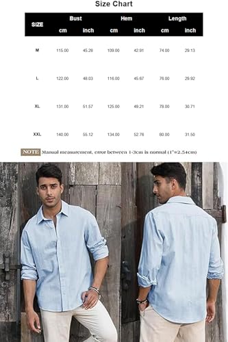 Mens Button Down Shirt Linen Cotton Shirts Casual Long Sleeve Spread Collar Lightweight Beach Plain Tops