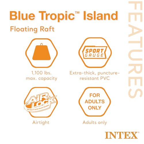 Intex Blue Tropic Inflatable 5 Person Raft or Swimming Pool Island Water Floating Lounger Raft with Backrests, Built in Co...
