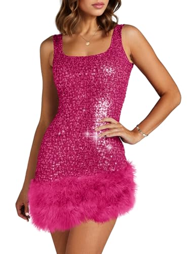 Wenrine Womens Sparkly Sequin Dress Bodycon Square Neck Fur Club Party Mini Dresses