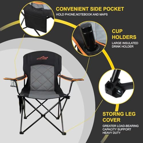 FAIR WIND Oversized Fully Padded Camping Chair, Heavy Duty Quad Fold Chair Arm Chair Support 350 LBS with Cup Holder, Coll...