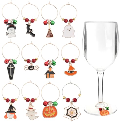 Kzikbxh12 Pcs Spooky Wine Glass Charms, Themed Stemware Markers and Drink Identifiers for Party Favors, Ghost Pumpkin Bat ...