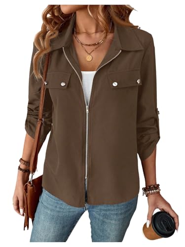 SOLY HUX Women's Zip Up Lightweight Jacket Collared Roll Up Long Sleeve Shirt Jacket Fall Casual Outerwear