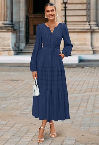 MEROKEETY Winter Midi Dresses for Women 2026 Spring Long Sleeve Casual V Neck Tiered Cotton Maxi Dress Pockets