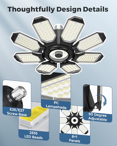 Adiding LED Garage Ceiling Lights 2 Pack w/ 8+1 Adjustable Panel, Super Bright 28000LM Deformable Basement Light Bulb Fixt...