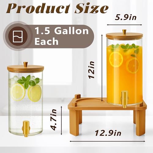 VERSSURE 2PCS Drink Dispenser, 1.5 Gallon Each Glass Beverage Dispenser with Wood Stand and Stainless Steel Faucet Ideal f...