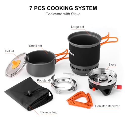 Odoland Heat Exchange Camping Pot with Backpacking Stove 7-In-1 Camping Cookware Mess Kit for Hiking, Trekking, Fishing an...