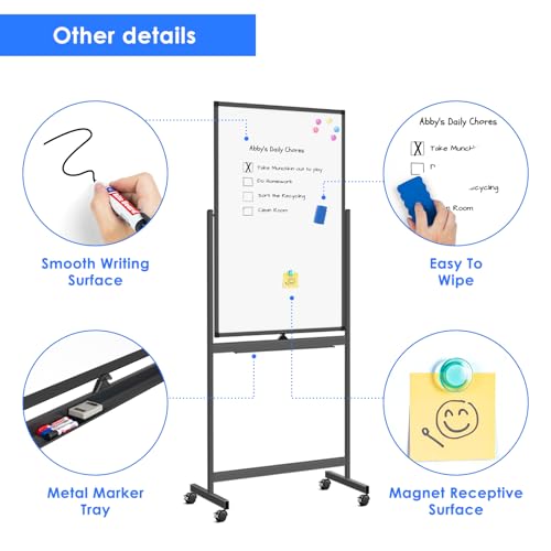 maxtek Magnetic Mobile White Board, 40 x 24 Double Sided Dry Erase Board Rolling Whiteboard, Aluminum Frame Standing White...