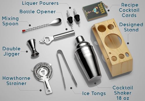 Cocktail Shaker Set Bartender Kit with Bamboo Stand – Professional Martini Shaker, Premium Stainless Steel Shaker Bottle, ...