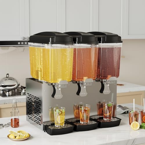 Commercial Beverage Dispenser, 3 Tanks 18L Each with Compressor Cooling (45-54°F), Large Capacity Cold Drink Dispenser, St...
