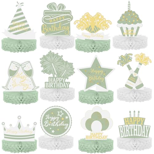 Sabary 12 Pcs Sage Green Birthday Centerpiece Sage Green Table Decoration Happy Birthday Desktop Decoration Honeycomb Cent...