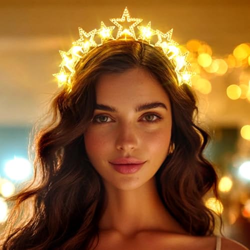 DRESBE Light Up Star Headband New Year Rhinestone LED Headbands NYE Glow Party Hair Accessories for Women (Gold)