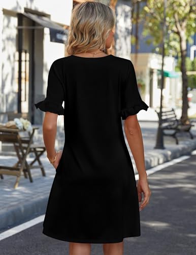 Zeagoo Summer Casual Dresses for Women A Line Sun Dress Ruffle Short Sleeve V Neck Floral Tshirt Dress with Pockets